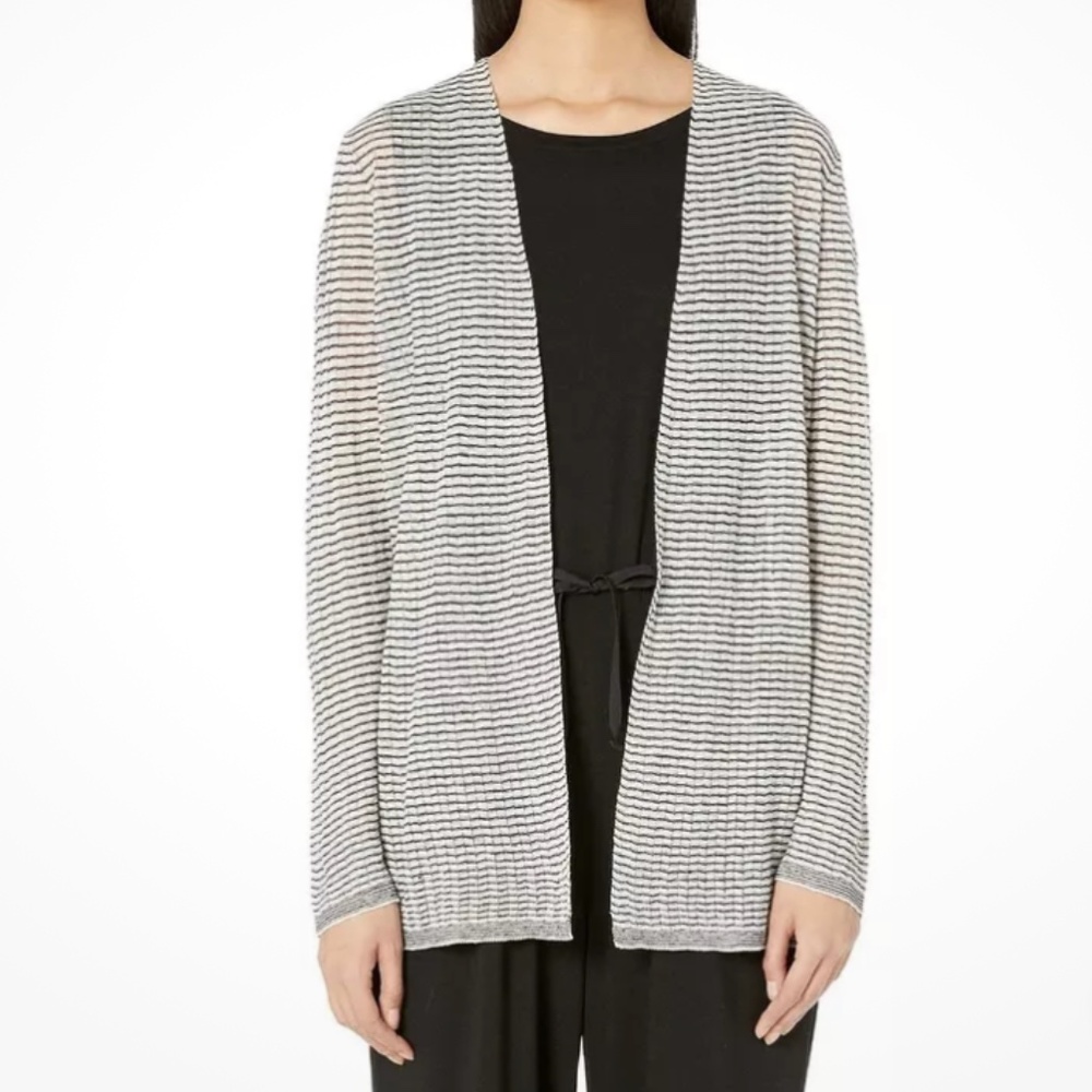 Eileen Fisher Open-Front Lightweight Linen Blend Cardigan Cream/Black Size Small